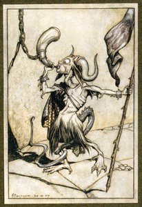 Antes da buzina no Portão da Torre Barbacã, foi tocada com um alto poder de vinte trombetas, 1907 de Arthur Rackham