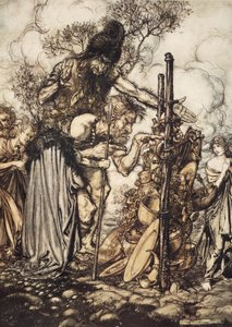 Fafner: &39;Ei! Venha aqui, e me pare com esta grana! &39;, Ilustração de&39; The Rhinegold and the Valkyrie &39;, 1910 de Arthur Rackham