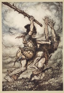 Fafner mata Fasolt, ilustração de "O Reno e a Valquíria", 1910 de Arthur Rackham