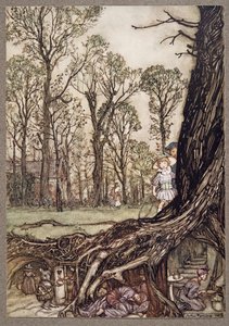 As fadas estão todas mais ou menos escondidas até o anoitecer, de Peter Pan em Kensington Gardens por JM Barrie (1860 - 1937), pub. 1906 de Arthur Rackham
