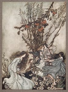 Fadas nunca dizem Nós nos sentimos felizes, o que eles dizem é que nós caímos dançantes, de Peter Pan em Kensington Gardens por JM Barrie (1860 - 1937), pub. 1906 de Arthur Rackham