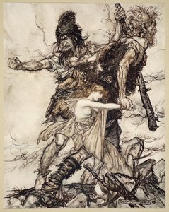 De repente, Fasolt agarra Freia e arrasta-a para um lado com Fafner, ilustração de "O Reno e a Valquíria", 1910 de Arthur Rackham