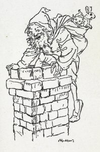 O Pai Natal a descer por uma chaminé com um saco de presentes de Arthur Rackham