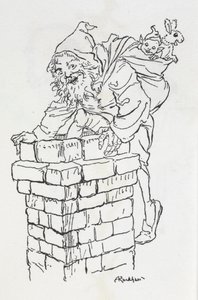 O Pai Natal a subir para uma chaminé com presentes de Arthur Rackham