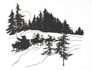 Pai Natal viajando através de um bosque nevado no seu trenó de Arthur Rackham