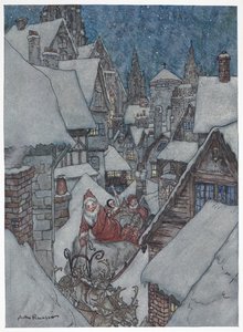 Pai Natal a viajar pelas ruas nevadas no seu trenó de Arthur Rackham