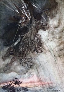 Furiosamente, Wotan está cavalgando até a rocha. Ilustração para The Rhinegold e The Valkyrie, de Richard de Arthur Rackham