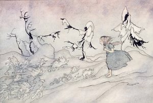 Gerda está aterrorizada com a guarda avançada da Rainha da Neve, mas ela disse Pai Nosso e é resgatada por anjinhos brilhantes, ilustração de A Rainha da Neve por Hans Christian Andersen, publicada em 1932 (wc & i de Arthur Rackham