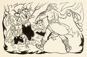 Goll mac Morna assaltando o inferno para resgatar Fionn e o Fianna-Finn, de The Little Brawl em Allen em contos de fadas irlandeses de Arthur Rackham
