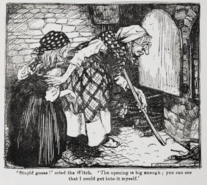 Grethel e a velha bruxa junto ao forno de Hansel e Grethel. de Arthur Rackham