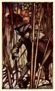 Gulliver é atingido pelo medo à primeira vista dos Ceifadores Brobdingnagianos da Parte II: Uma Viagem a Brobdingnag em Gulliver Viaja por Jonathan Swift de Arthur Rackham