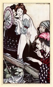 Gullivers encontra-se com o sapo da parte II: Uma viagem a Brobdingnag em Gullivers viaja por Jonathan Swift de Arthur Rackham