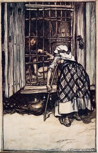 Hansel esticou a junta e a velha, cujos olhos estavam pálidos, não conseguia enxergar, e achou que era o dedo dele, e ficou muito espantada por ele não engordar ... de The Fairy Tales of the B de Arthur Rackham