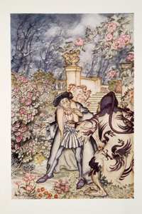 Ele ouviu um barulho alto, e viu vindo em sua direção uma fera, tão assustadora de se ver que ele estava pronto para desmaiar de medo, do The Arthur Rackham Fairy Book, pub. 1933 de Arthur Rackham
