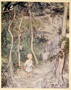 Ele poderia pensar, como um olhar fixo em um cavalo olhando, "um menino não pode abanar o rabo para manter as moscas", ilustração de "Irish Fairy Tales", de James Stephens, 1920 de Arthur Rackham