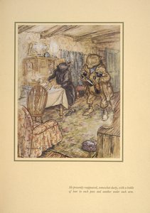 Actualmente reapareceu, um pouco poeirento, com uma garrafa de cerveja em cada cerveja debaixo de cada braço". de Arthur Rackham
