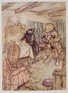 Ele reapareceu, um pouco empoeirado, com uma garrafa de cerveja em cada pata e outra embaixo de cada braço, de Wind in the Willows, de Kenneth Grahame (1859 - 1932), pub. 1940 de Arthur Rackham