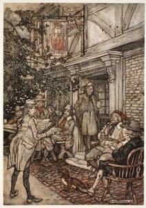 Costumava se consolar frequentando uma espécie de clube perpétuo dos sábios, filósofos e outras personagens ociosas, que realizavam suas sessões diante de uma pequena hospedaria, de Rip Van Winkle, de Washington. de Arthur Rackham
