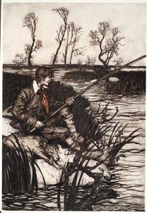 Ele se sentava em uma pedra molhada e pescava o dia todo, de Rip Van Winkle, de Washington Irving, pub. 1910 de Arthur Rackham
