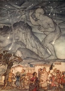Hércules deu um grande encolher de ombros, ilustração de "Um livro de maravilhas para meninas e meninos", de Nathaniel Hawthorne, 1928 de Arthur Rackham