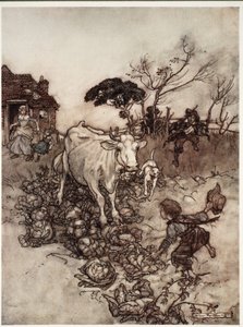 Sua vaca se desgarrava ou ficava entre os repolhos., De Rip Van Winkle, de Washington Irving, pub. 1910 de Arthur Rackham