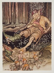 Hop-o-meu-polegar subiu para o Ogre suavemente e tirou suas botas de sete léguas, do bar do Arthur Rackham Fairy Book. 1933 de Arthur Rackham