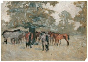 Cavalos debaixo de uma árvore (óleo sobre papel) de Arthur Rackham