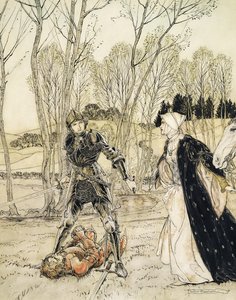 Como Beaumains derrotou o Cavaleiro Vermelho, e sempre a donzela falou muitas palavras grosseiras para ele (caneta e tinta e wc) de Arthur Rackham