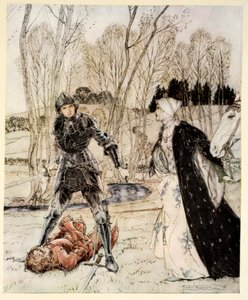 Como Beaumains derrotou o Cavaleiro Vermelho e sempre a donzela falou muitas palavras palavrões para ele, ilustração de "O romance do Rei Arthur e seus cavaleiros da Távola Redonda", de Alfred W. Pollard, 1910 de Arthur Rackham