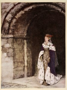 Como a dama da Lionesse saiu disposta como uma princesa, ilustração de "O romance do rei Arthur e seus cavaleiros da Távola Redonda", de Alfred W. Pollard, 1910 de Arthur Rackham