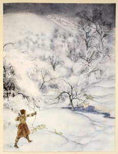Como Sir Lancelotot foi baleado por uma mulher gentil, ilustração de "O romance do Rei Arthur e seus cavaleiros da Távola Redonda", de Alfred W. Pollard, 1910 de Arthur Rackham