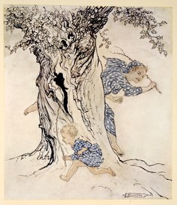 Como ele se esforçou e ofegou para pegar aquela pessoa perseguidora e persegui-la e colocar sua própria ação em ação, ilustração de "Irish Fairy Tales", de James Stephens, 1920 de Arthur Rackham