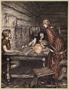 Hunding descobre a semelhança entre Siegmund e Sieglunde, ilustração de "O Reno e a Valquíria", 1910 de Arthur Rackham