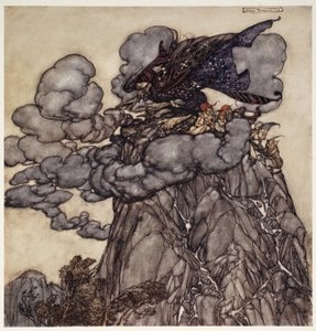 Se não estivesse satisfeita, prepararia nuvens negras como tinta, sentadas no meio delas como uma aranha de barriga no meio da teia; quando estas nuvens quebraram, ai dos vales !, da Rip Van de Arthur Rackham