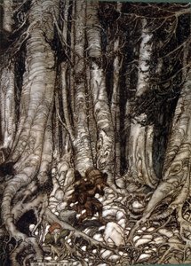 Ilustração por Arthur Rakham de Rip Van Winkle, um conto do autor americano Washington Irving publicado pela primeira vez em 1819 de Arthur Rackham