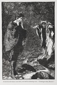 Ilustração de Jorinda e Joringel de Zachiel e da mulher idosa. de Arthur Rackham