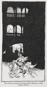 Ilustração de The Golden Bird quando o príncipe transporta a donzela a cavalo. de Arthur Rackham
