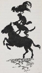 Ilustração dos Músicos da Cidade de Bremen de um burro, cão, gato e galo. de Arthur Rackham
