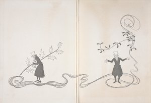 Ilustração de Scrooge. De um lado ele é representado por um ramo de azevinho, agarrado a um saco de dinheiro e com um ar zangado. Do outro, é representado com um ramo de azevinho parecendo feliz. de Arthur Rackham