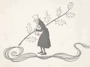 Ilustração de Scrooge, representado por um ramo de azevinho, agarrado a um saco de dinheiro e com um ar zangado. de Arthur Rackham