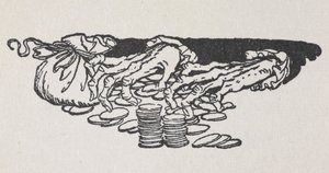 Ilustração das mãos de Scrooge a contar dinheiro de Arthur Rackham