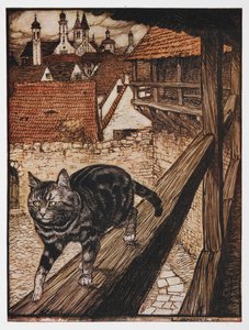 Ilustração de um gato caminhando ao longo de uma cerca do The Cat and the Mouse in Partnership. de Arthur Rackham