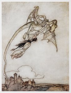 Ilustração de um dragão carregando a princesa de Os Quatro Irmãos Espertos. de Arthur Rackham