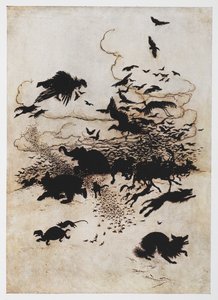 Ilustração de uma debandada de animais de The Wren and the Bear. de Arthur Rackham