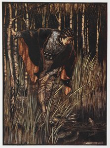 Ilustração de um jovem ao pé de um lago de The White Snake. de Arthur Rackham