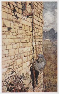Ilustração da bruxa que sobe o cabelo de Rapunzel. de Arthur Rackham