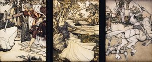 Ilustrações para The Morte d&39;Arthur: Sir Galahad Retira a Espada de Balin da Pedra Flutuante; La Cole Male Taile Mata o Leão que Ameaça a Rainha Guenevere; e Beaumains Derrota o Cavaleiro Verde, 1902 de Arthur Rackham