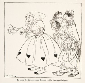 Vieram as três mulheres vestidas da maneira mais estranha, de Little Brother & Little Sister e Outros Contos dos Irmãos Grimm, pub.1917 (litho) de Arthur Rackham