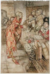 "In did did come the strangest figure", ilustração de "The Pied Piper of Hamelin", de Robert Browning (1812-89), versão publicada em 1929 (aquarela com caneta e tinta sobre papel) de Arthur Rackham