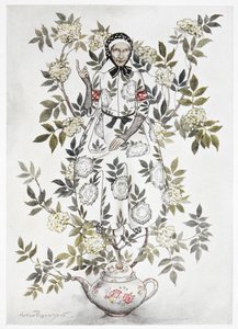 No meio de uma árvore sentou-se uma mulher de aspecto amável". Uma planta grande a crescer de um bule de chá. Uma mulher velha entre os ramos. Uma ilustração a cores para "Mãe de árvore idosa". de Arthur Rackham